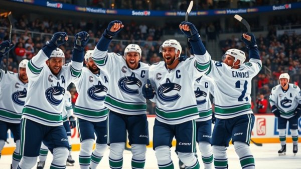 Vancouver Canucks players celebrating on ice.