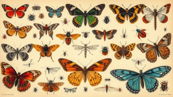 Vintage illustration of various insects, detailed and colorful.