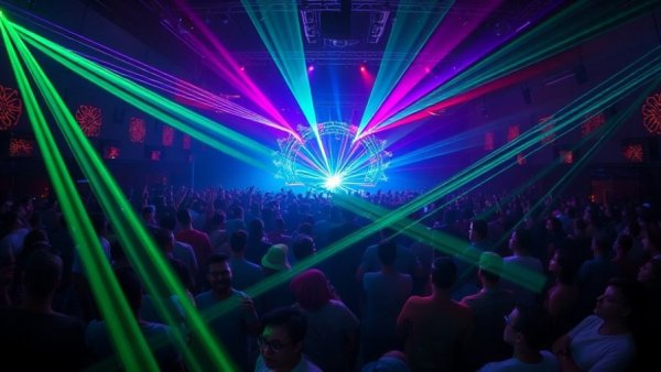 New Year’s Eve party in Denver with colorful lasers and crowd.