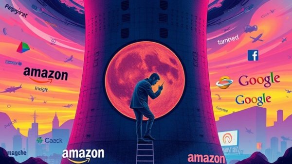 Surreal nuclear energy and AI scene with corporate logos and vivid colors.