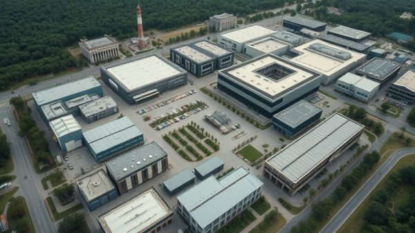 Aerial view of the largest film studio in North America with lush surroundings.