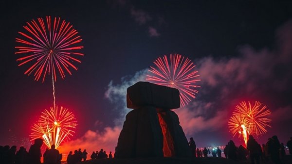 Vancouver New Year's Eve celebrations with fireworks and inukshuk.