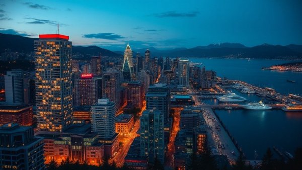 Dynamic Vancouver news cityscape at twilight.
