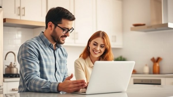 Couple discussing finance tips in a modern Vancouver kitchen.