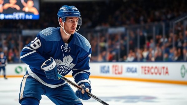 Toronto Maple Leafs player during game, focus on jersey and stick.