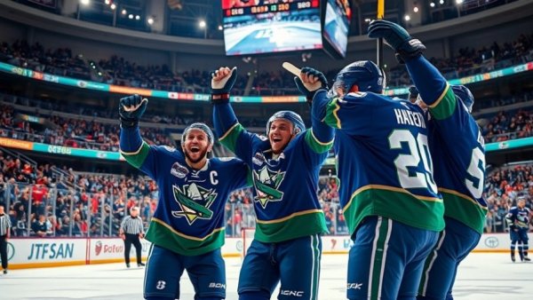 Vancouver Canucks players celebrate a goal in a lively arena.