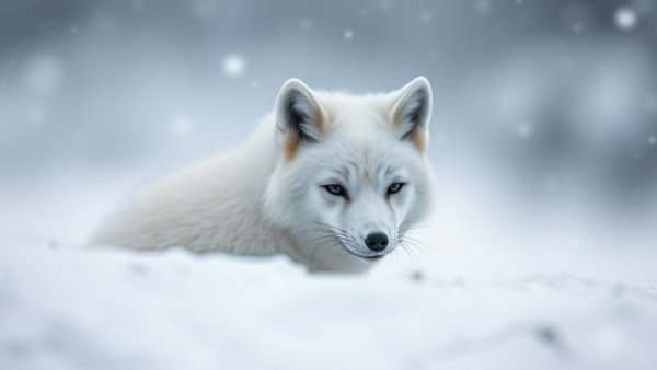 Serene arctic fox gazes through the snow in winter setting for a winter animal personality quiz.