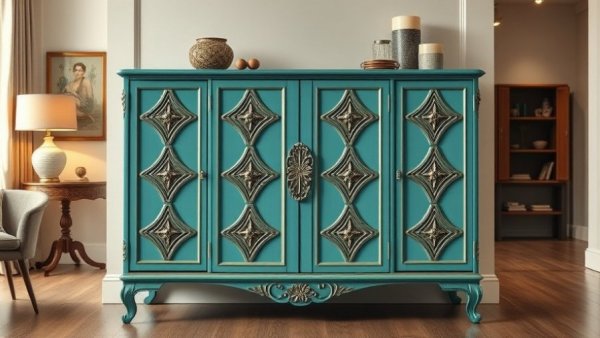 Chic vintage teal cabinet for home improvement vancouver showroom.