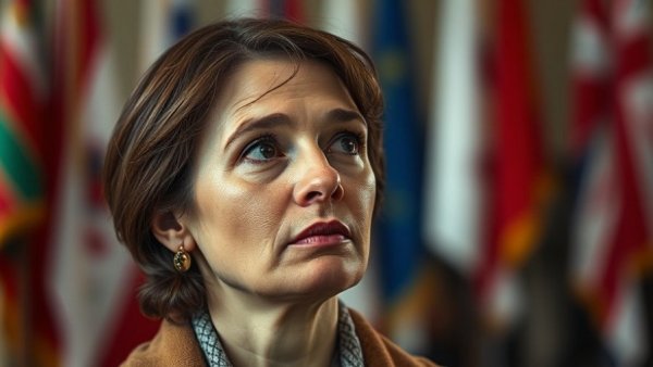 Thoughtful woman with serious expression, blurred flag background.