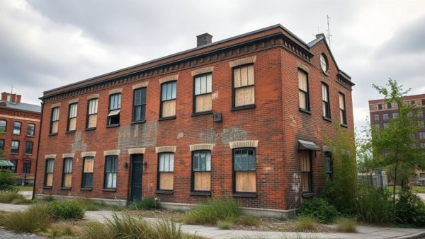 West Colfax housing development, aged brick building with boarded windows.