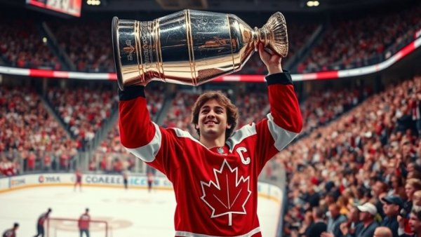 Young hockey player lifting trophy in Team Canada jersey, vibrant stadium.