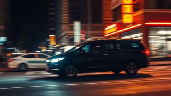Blurred vehicle speeding away at night, urban city tension.
