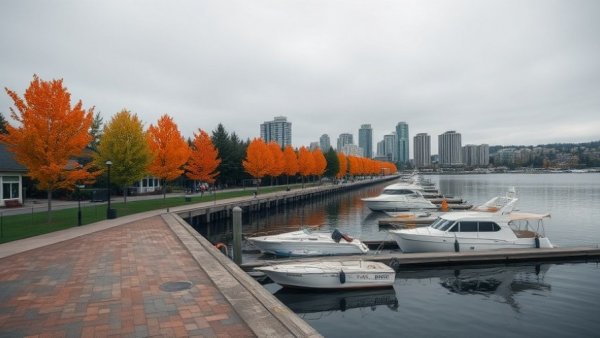 Serene Vancouver BC waterfront view with docks and autumn trees.