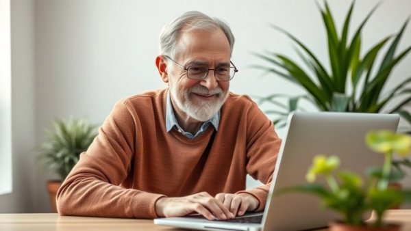 Older man working on a laptop in a modern home, catch-up contributions 2026.