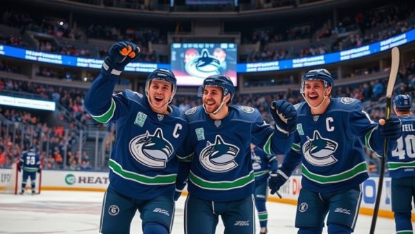 Vancouver Canucks players celebrating on the ice during a hockey game.