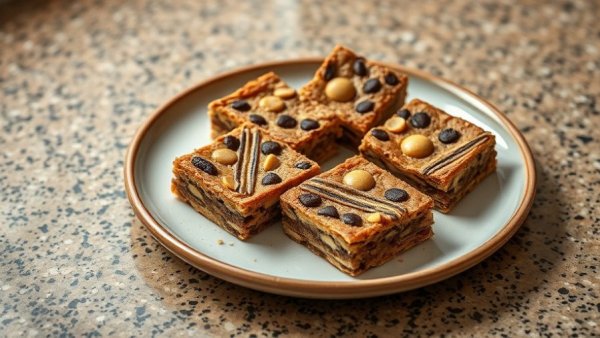 Homemade breakfast bars recipe on ceramic plate, invitingly arranged.
