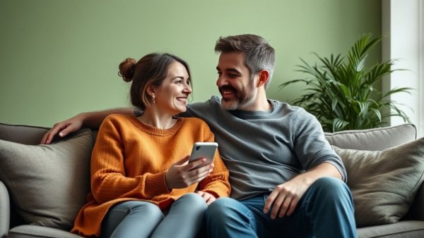 Happy couple on couch enhancing relationship stability.