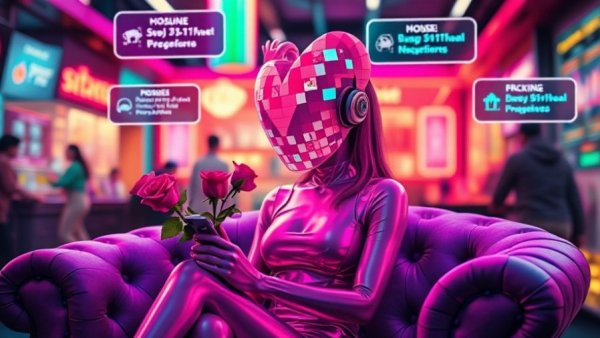 Futuristic stylized figure in digital exchange, neon backdrop.