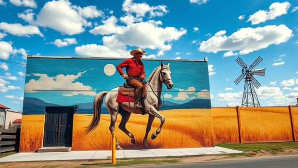 Fort Morgan mural with cowboy and windmill under blue sky.