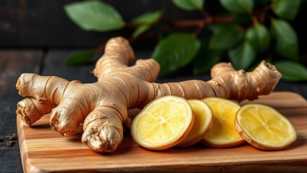 Fresh ginger root for digestion and energy on wooden board.