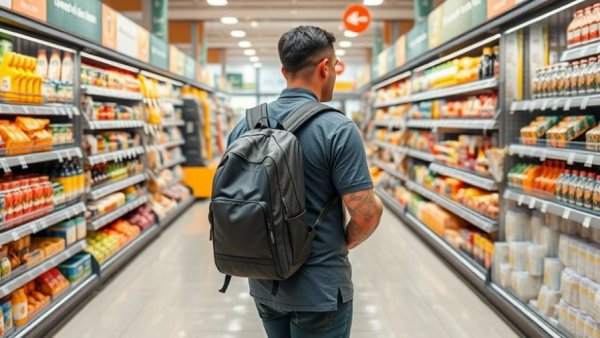 Casually dressed man shopping in grocery store aisle.