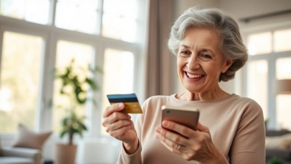 Older woman tracking credit card rewards on smartphone at home.