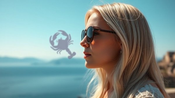 Cancer rising traits: blonde woman with Cancer symbol, seascape.