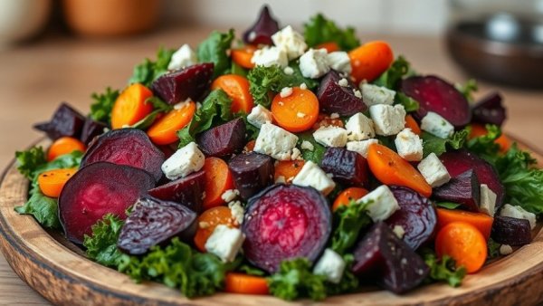 Vibrant winter salad recipe with roasted vegetables and feta in Vancouver kitchen.