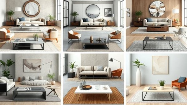 Unique coffee table designs in elegant living room settings, diverse styles.