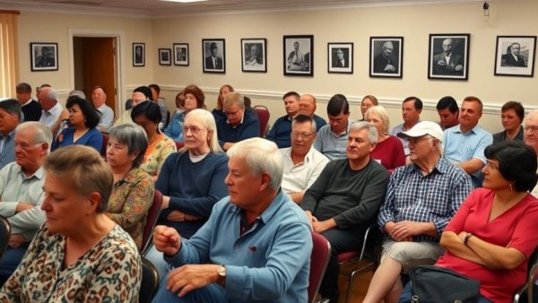Diverse crowd at Denver community meeting, engaged and attentive, indoor setting.