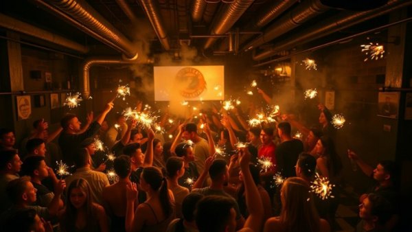 Crowded Swiss bar with sparklers causing fire, smoky atmosphere.