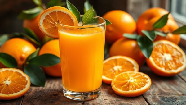 Vibrant orange juice on a rustic table