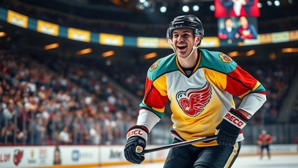 Linus Karlsson on ice during a hockey game, vibrant action shot