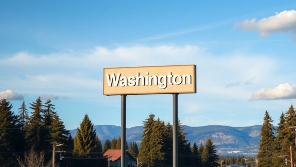 Welcome to Washington sign with blue sky, forests, cheapest places to live in Washington.