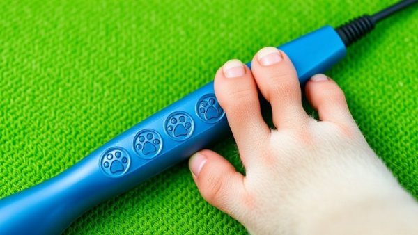 Blue electric nail file for pets on green background with paw prints.