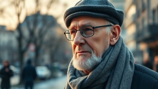 Elderly man demonstrates smart winter clothing hacks outdoors.