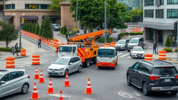 Vancouver intersection with traffic and construction equipment.
