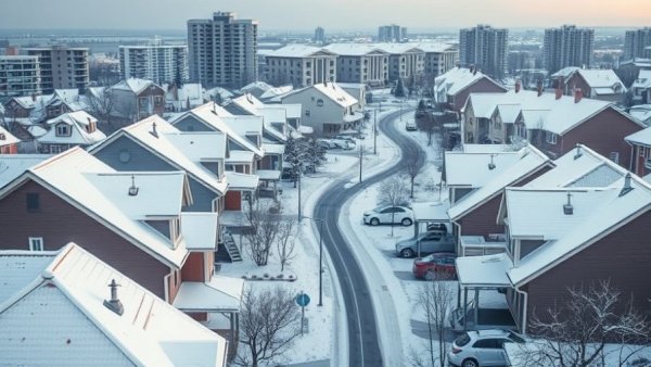Snow-covered homes and buildings highlighting B.C. home owner grant threshold.