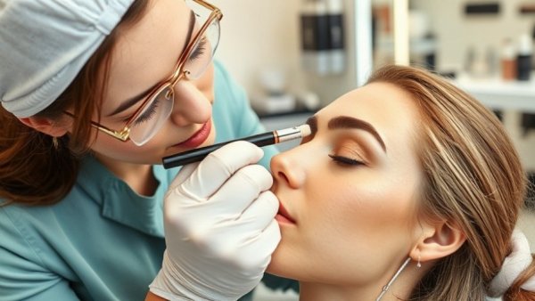 Professional brow mapping and tinting session in a beauty salon.
