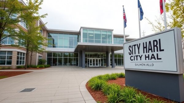 Salmon Arm city hall entrance showcasing tech boom transportation challenges.