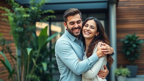 Cheerful couple in Vancouver embracing outside modern home