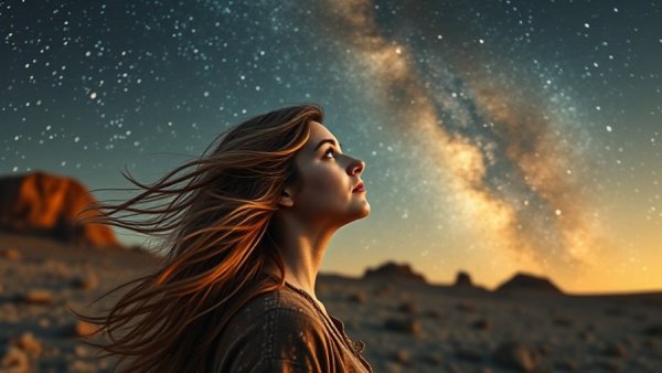 2026 Year Of The Unbridled Spirit: Woman contemplating vibrant starry sky.