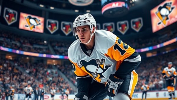 Focused hockey player in Penguins uniform, game action.