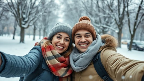 Joyful couple embracing winter relationship habits in a snowy park.