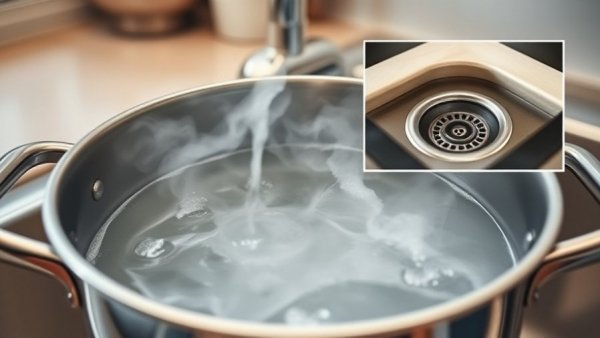 Boiling water in a pot and pouring into a sink drain concept.