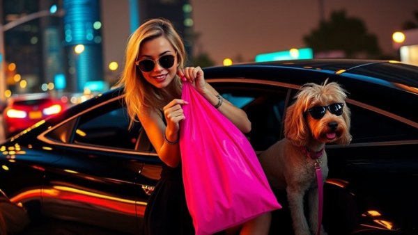 Luxury dog poop bags held by stylish woman in car with poodle.