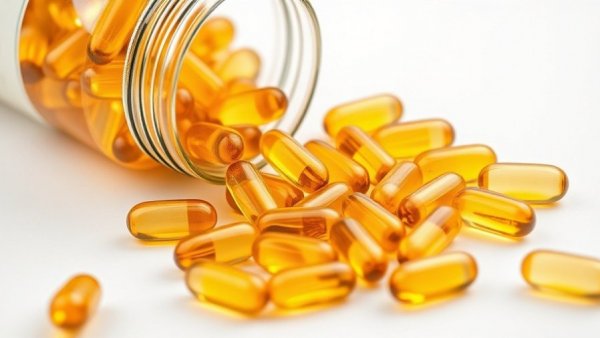 Vitamin capsules spilling from a bottle, Vitamin D vs. Vitamin E.