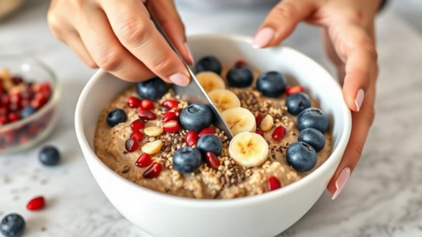Hands preparing healthy bowl with fruits and seeds, tiny health habits focus.