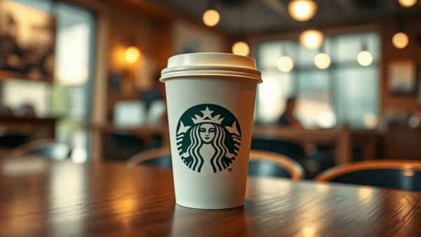 Starbucks coffee cup inside a cozy cafe setting.