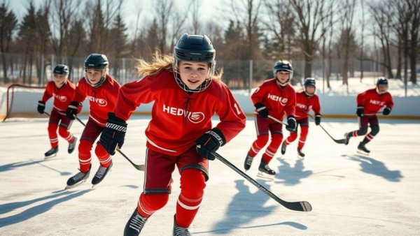 Youth hockey players in red jerseys embracing Great Canadian Jersey initiative